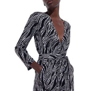 The Kooples Black White Pearl Print Jumpsuit Plunging V-Neck Belted NWT S